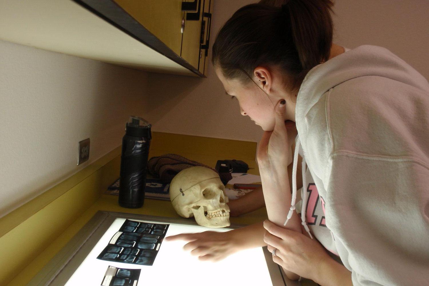 Forensic Anthropology student Nicole Arizmendi identifies a human skeleton by matching it to it's dental records.